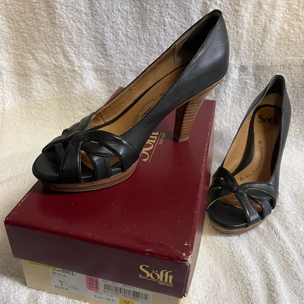 Wood sole black leather peep toe heels